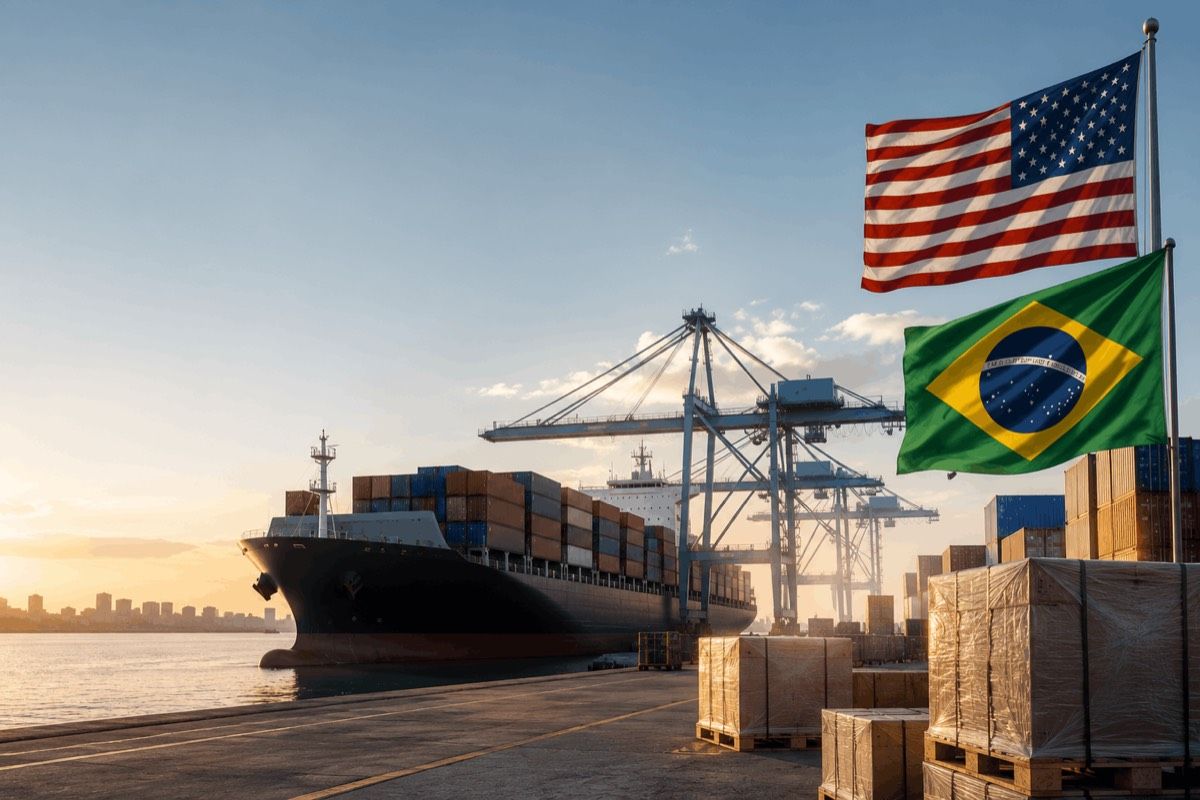 Porto com contêineres e bandeiras dos Estados Unidos e do Brasil